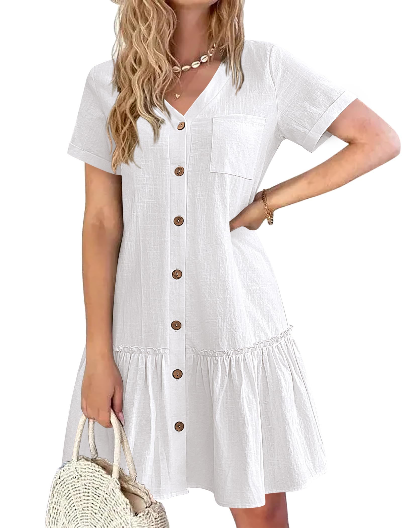 Trixie Vestaglia Donna – Scollo a V con Bottoni, Cotone Lino Taglio Ampio &amp; Orlo con Volant Estate