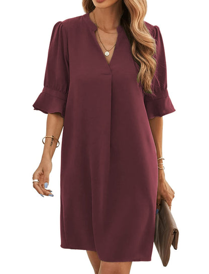 Bibiana Vestito Donna – Scollo a V Maniche Corte, Taglio Dritto Mini Fluido Tinta Unita Estate