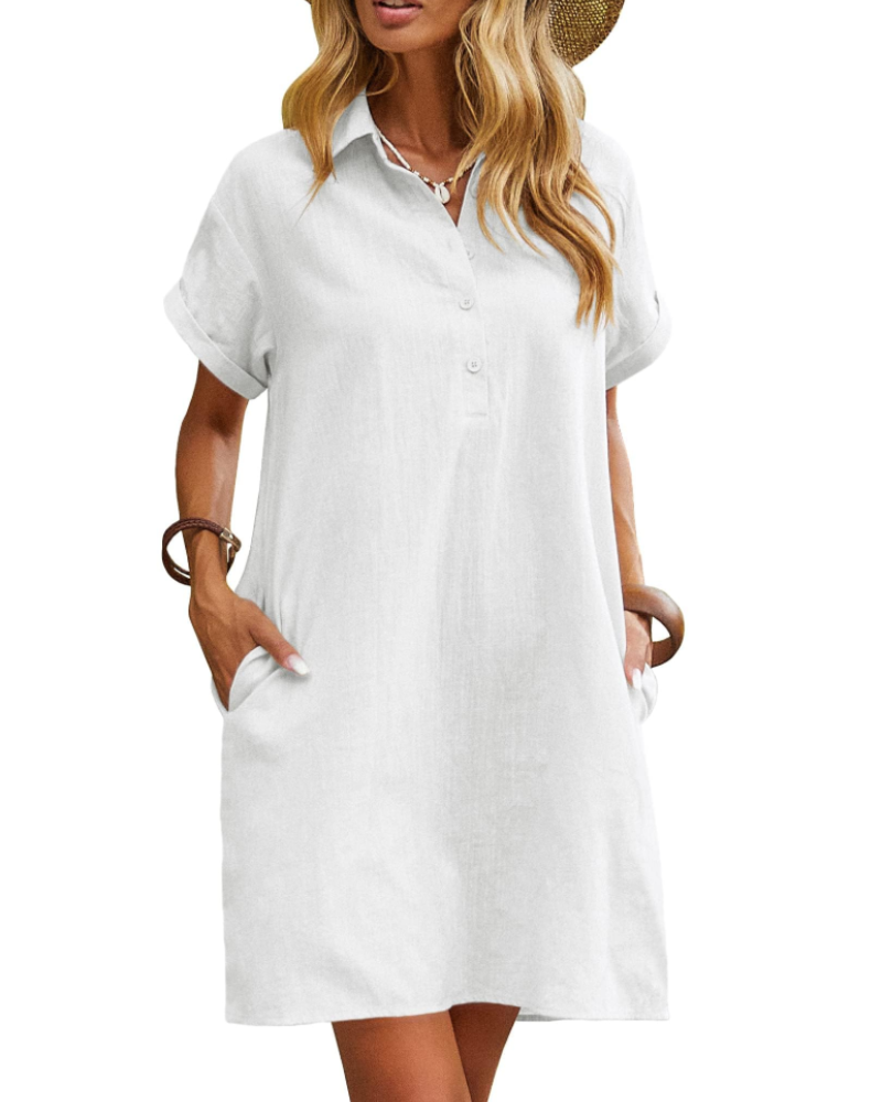 Vestito Raine da Donna – Abito in Lino e Cotone, Lunghezza Media, Scollo a V, Con Bottoni, Tasche, Casual Chic, Estate
