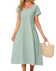 Vestito Maxi Sussie Donna Cotone – Vestito Estivo Girocollo, Taglio Ampio e Tasche Comode