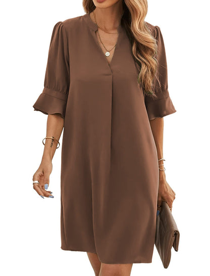 Bibiana Vestito Donna – Scollo a V Maniche Corte, Taglio Dritto Mini Fluido Tinta Unita Estate