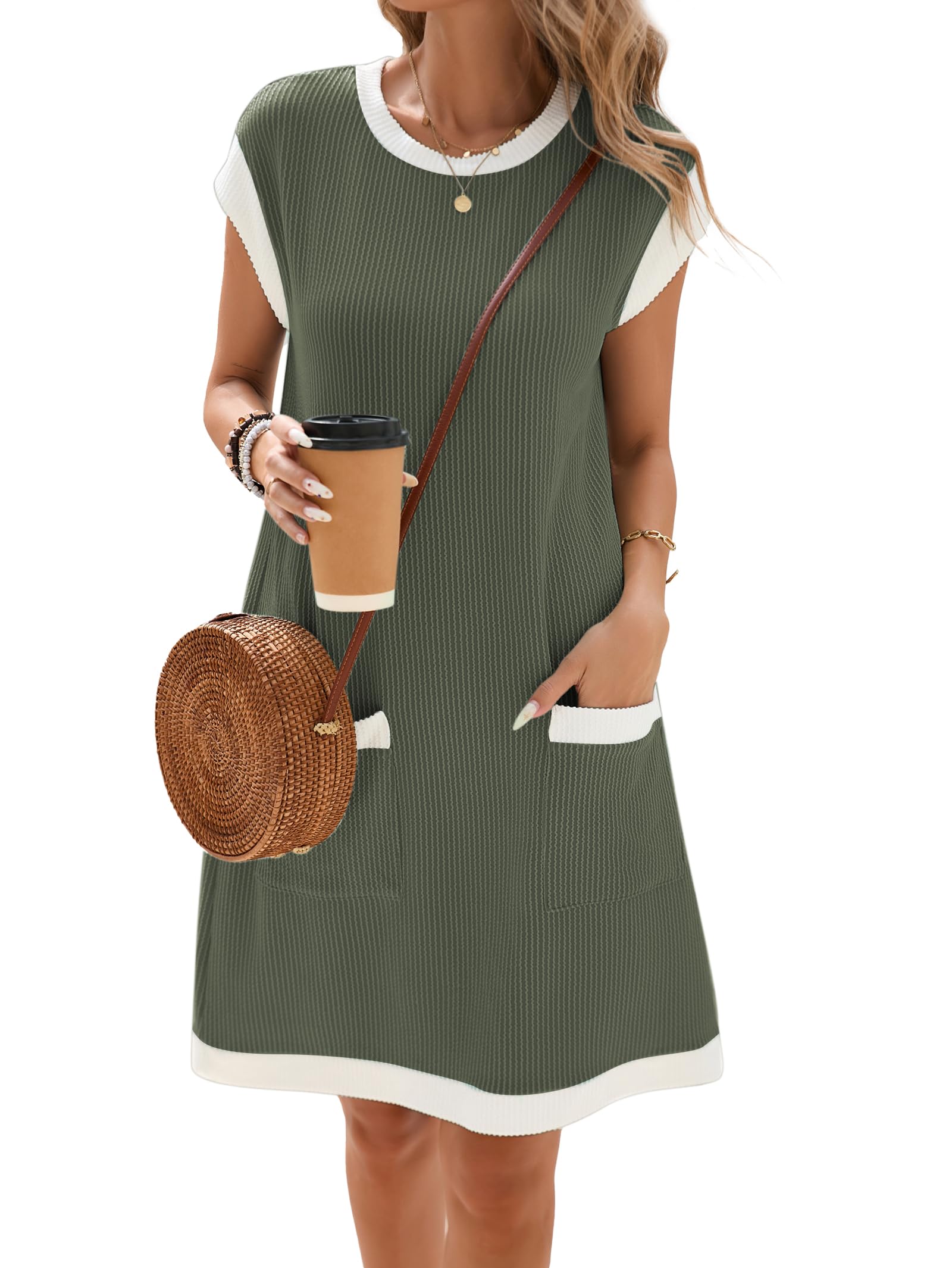 Vestaglia Donna Winnie – Girocollo Color Block, Maniche Corte e Taglio Ampio Mini con Tasche Estate