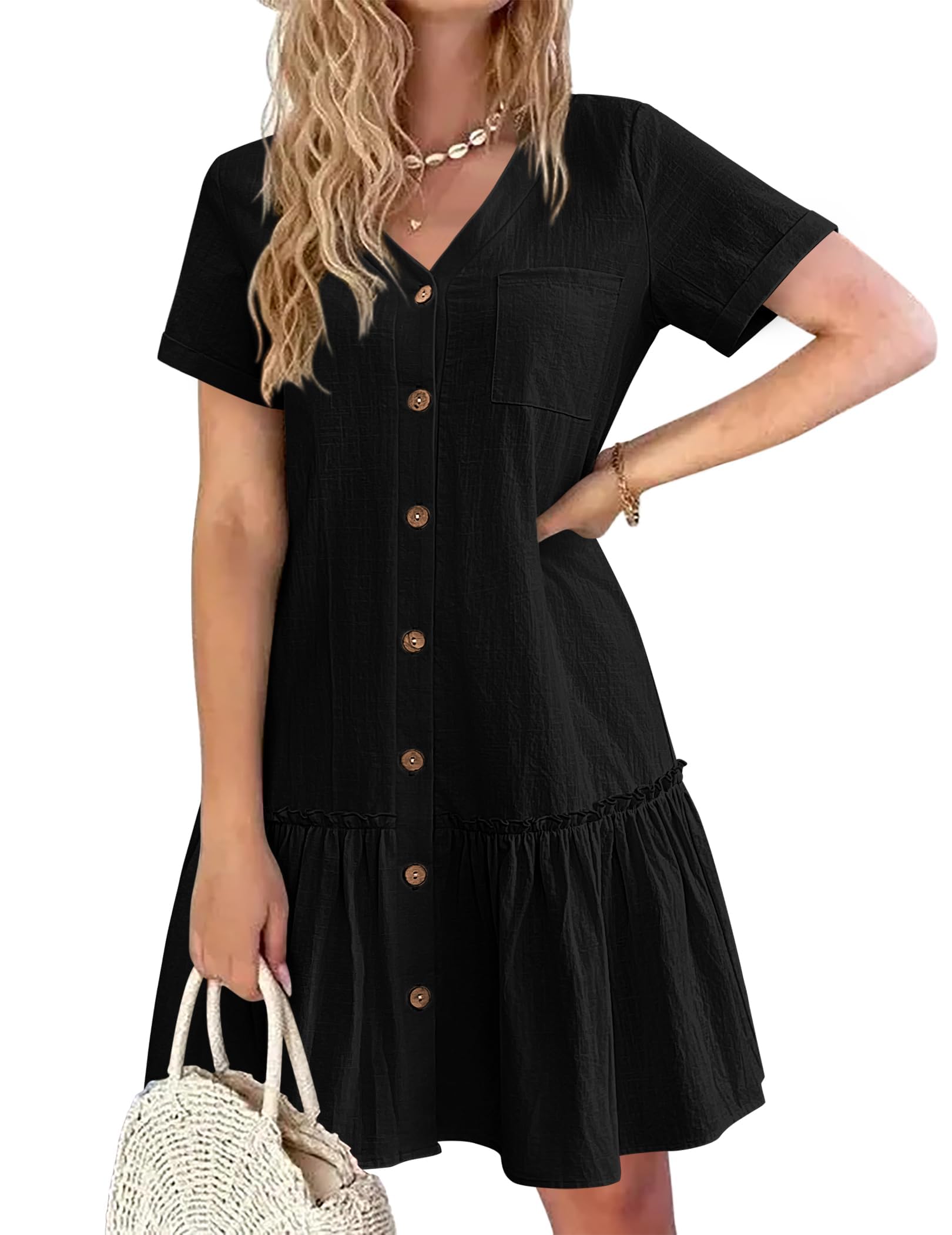 Trixie Vestaglia Donna – Scollo a V con Bottoni, Cotone Lino Taglio Ampio &amp; Orlo con Volant Estate
