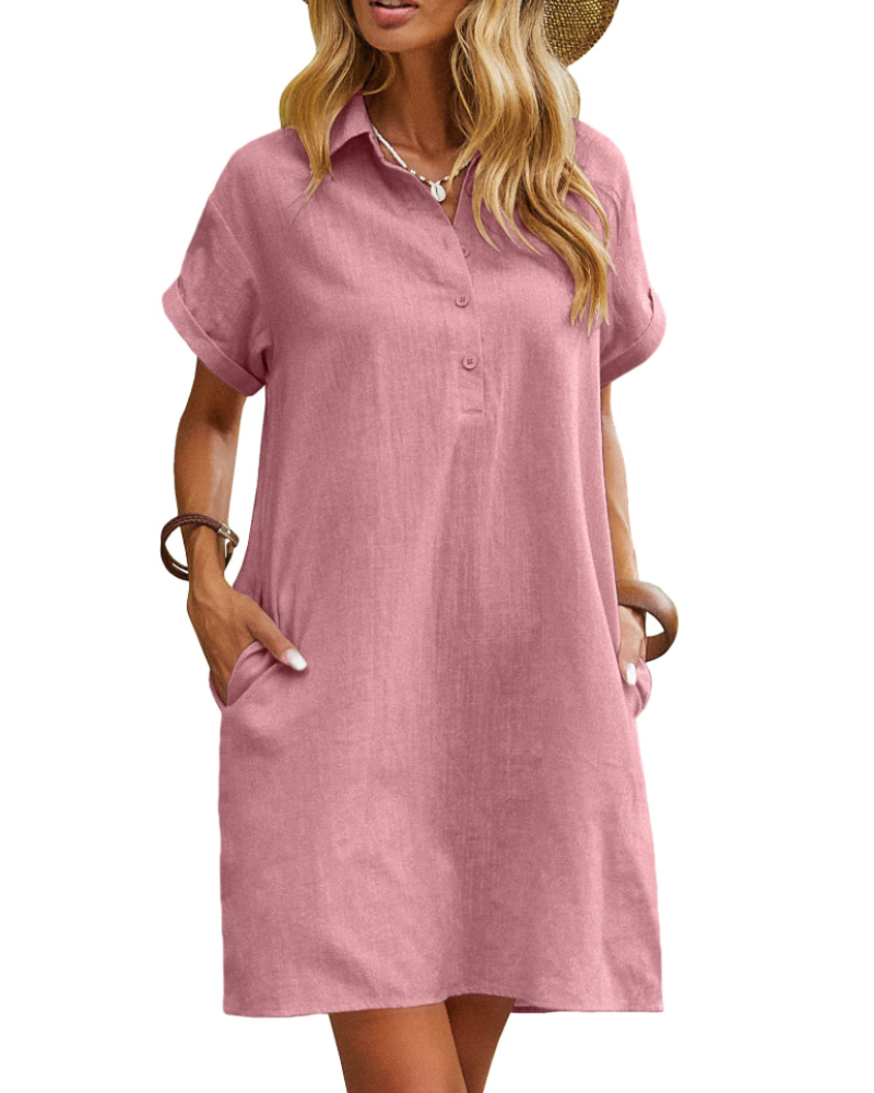 Vestito Raine da Donna – Abito in Lino e Cotone, Lunghezza Media, Scollo a V, Con Bottoni, Tasche, Casual Chic, Estate