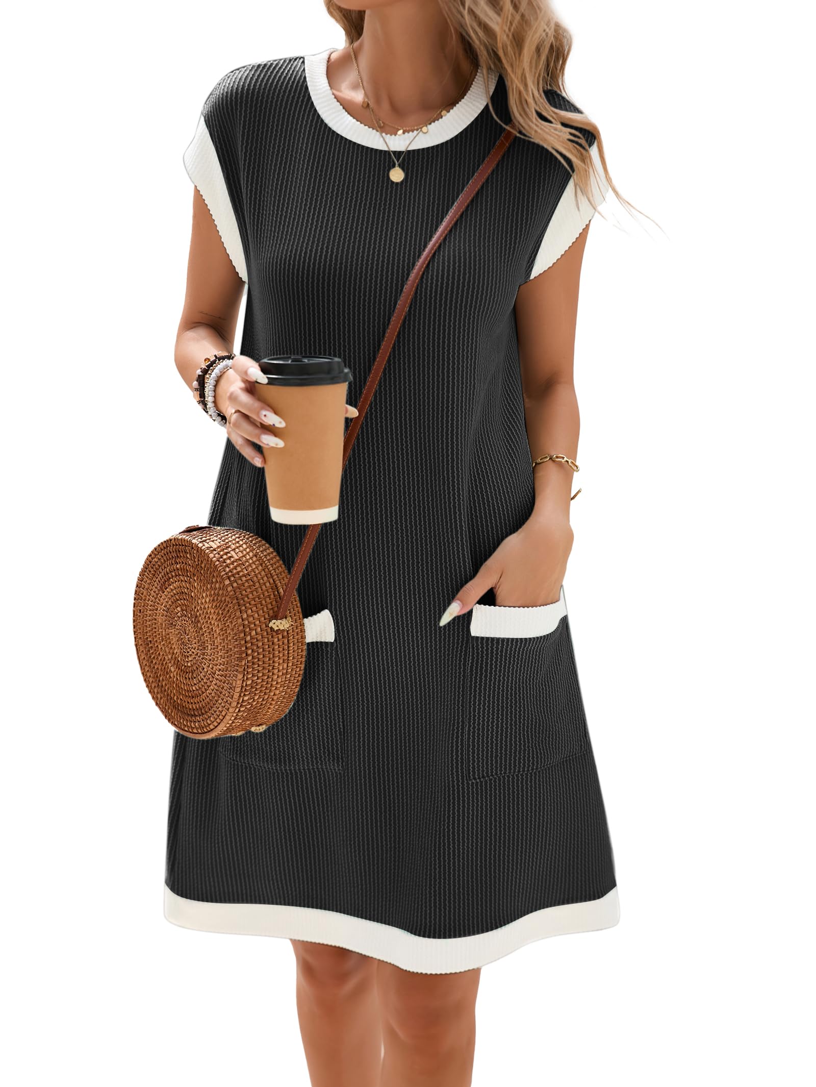 Vestaglia Donna Winnie – Girocollo Color Block, Maniche Corte e Taglio Ampio Mini con Tasche Estate