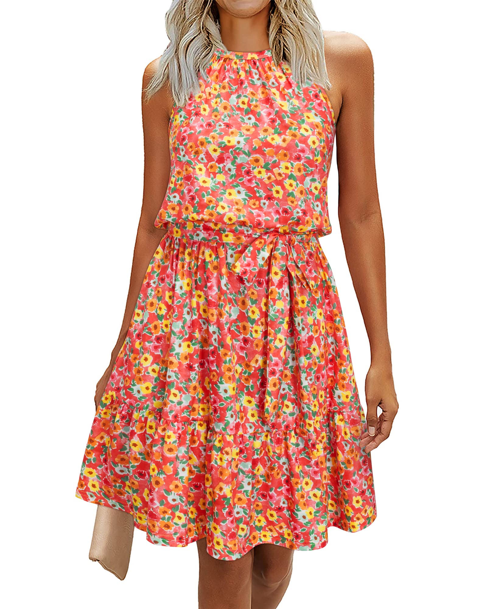 Abito rosa da donna – Collo halter senza maniche, taglio a linea A midi e cintura con tasche