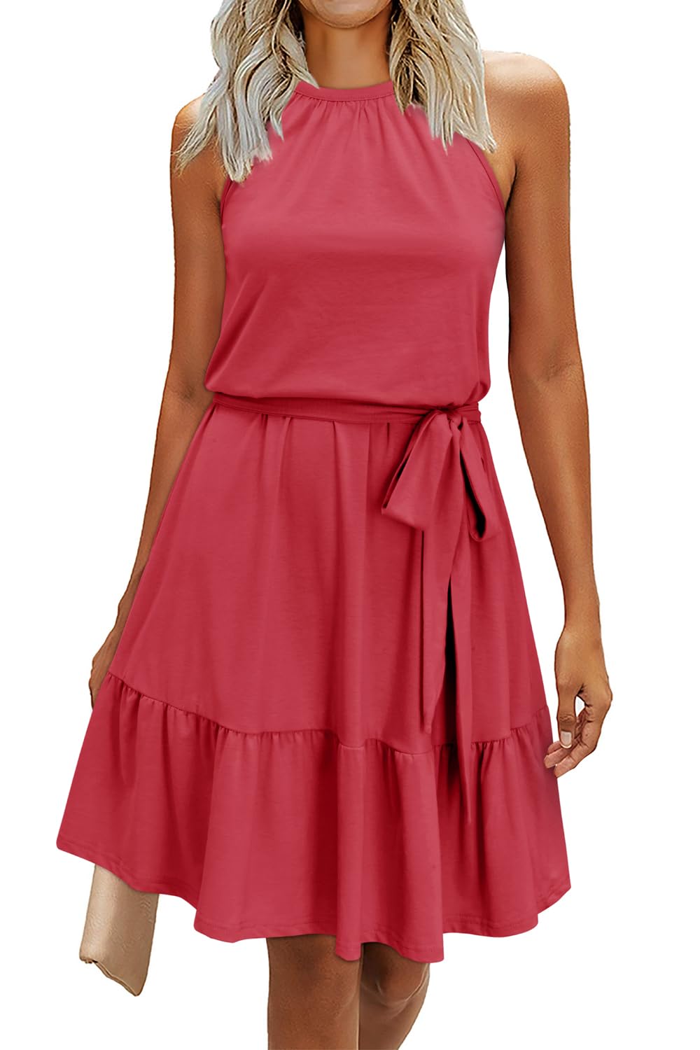 Abito rosa da donna – Collo halter senza maniche, taglio a linea A midi e cintura con tasche