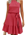 Abito rosa da donna – Collo halter senza maniche, taglio a linea A midi e cintura con tasche