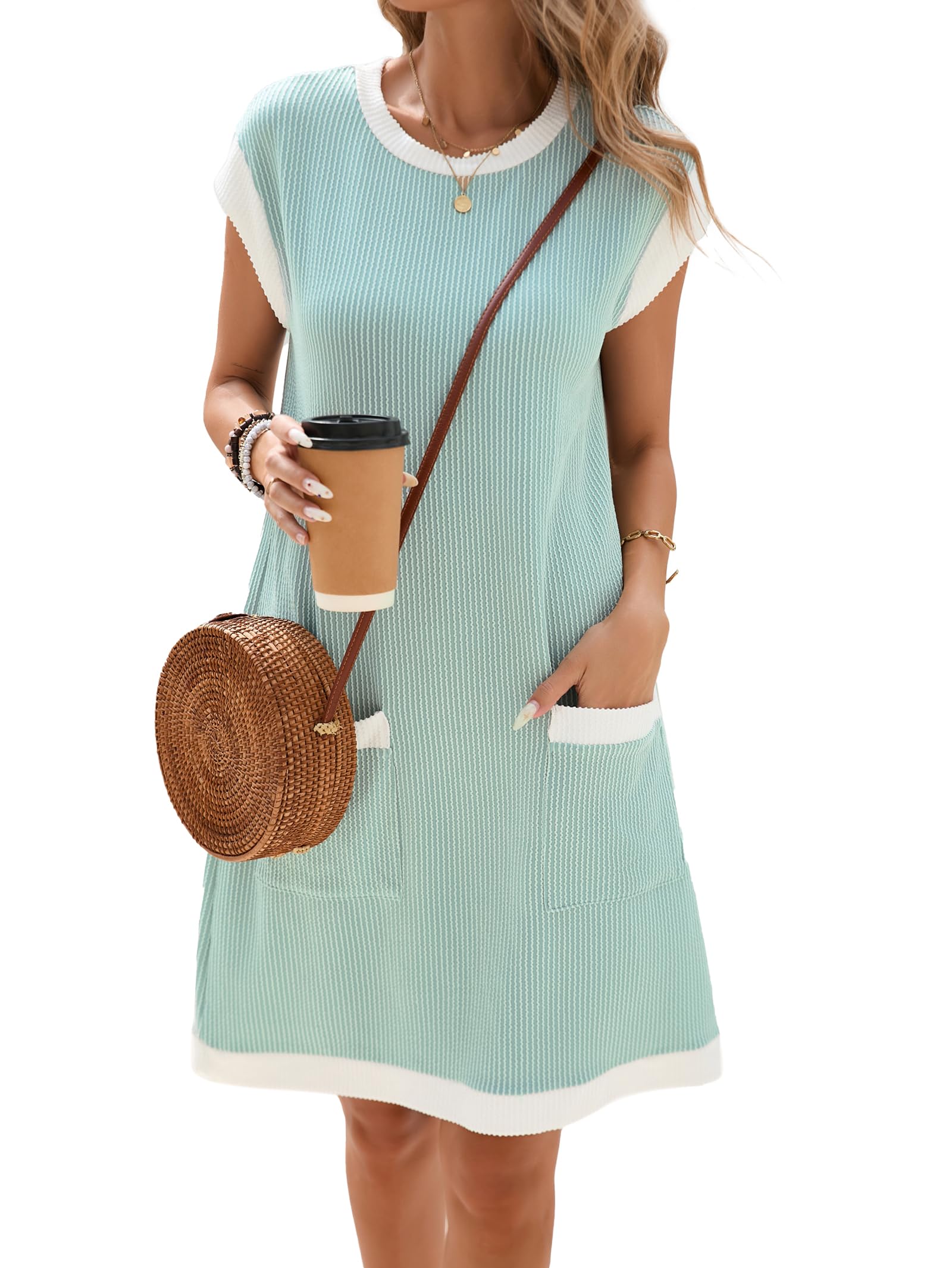 Vestaglia Donna Winnie – Girocollo Color Block, Maniche Corte e Taglio Ampio Mini con Tasche Estate
