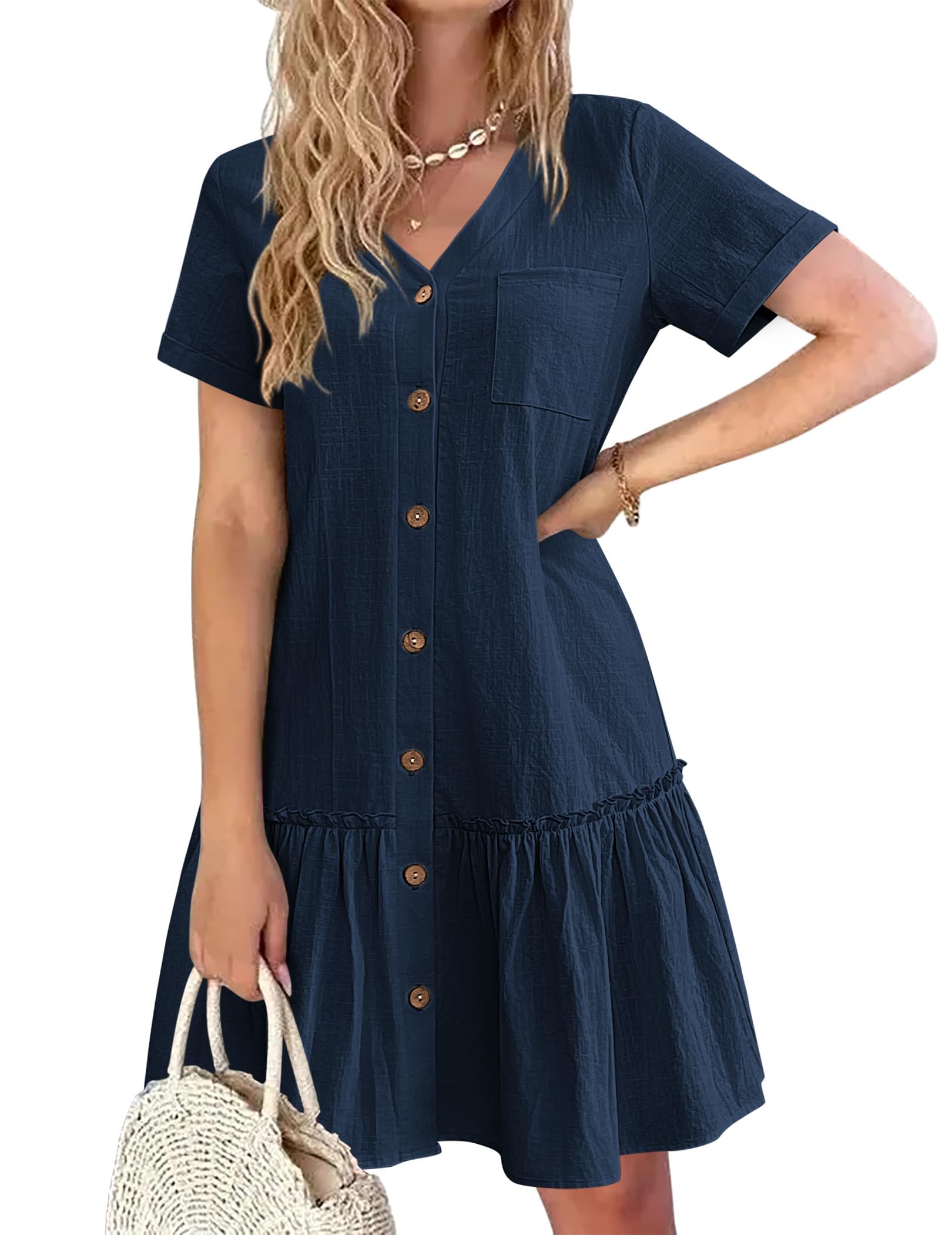Trixie Vestaglia Donna – Scollo a V con Bottoni, Cotone Lino Taglio Ampio &amp; Orlo con Volant Estate