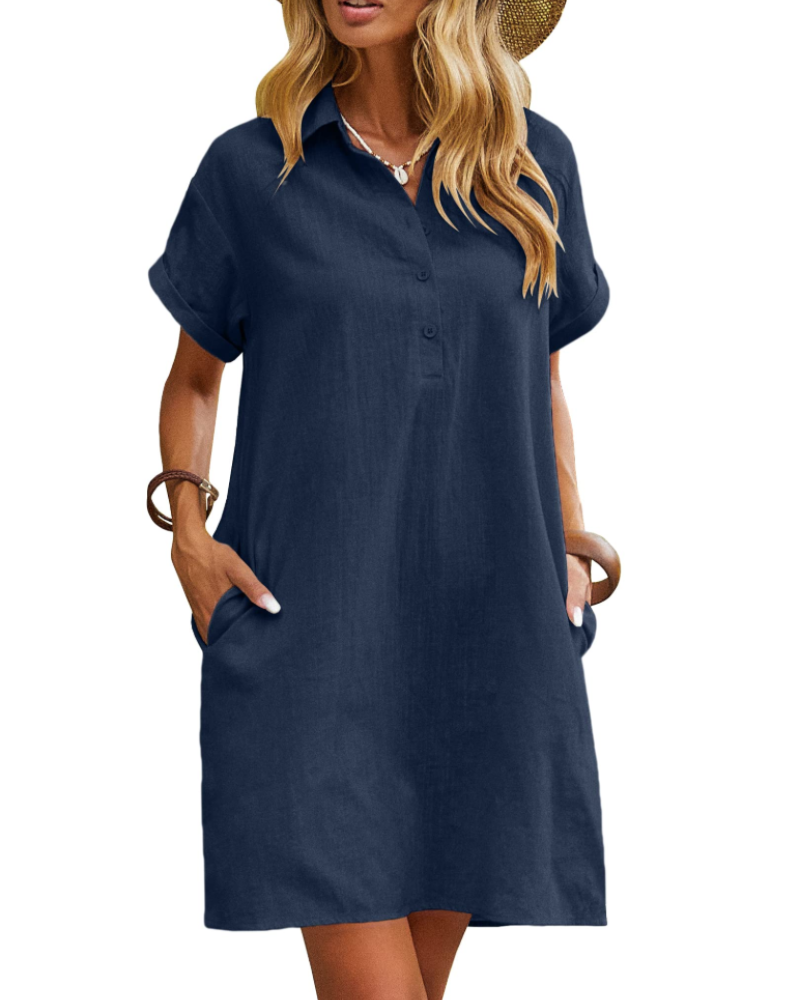 Vestito Raine da Donna – Abito in Lino e Cotone, Lunghezza Media, Scollo a V, Con Bottoni, Tasche, Casual Chic, Estate
