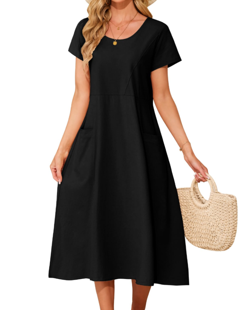 Vestito Maxi Sussie Donna Cotone – Vestito Estivo Girocollo, Taglio Ampio e Tasche Comode
