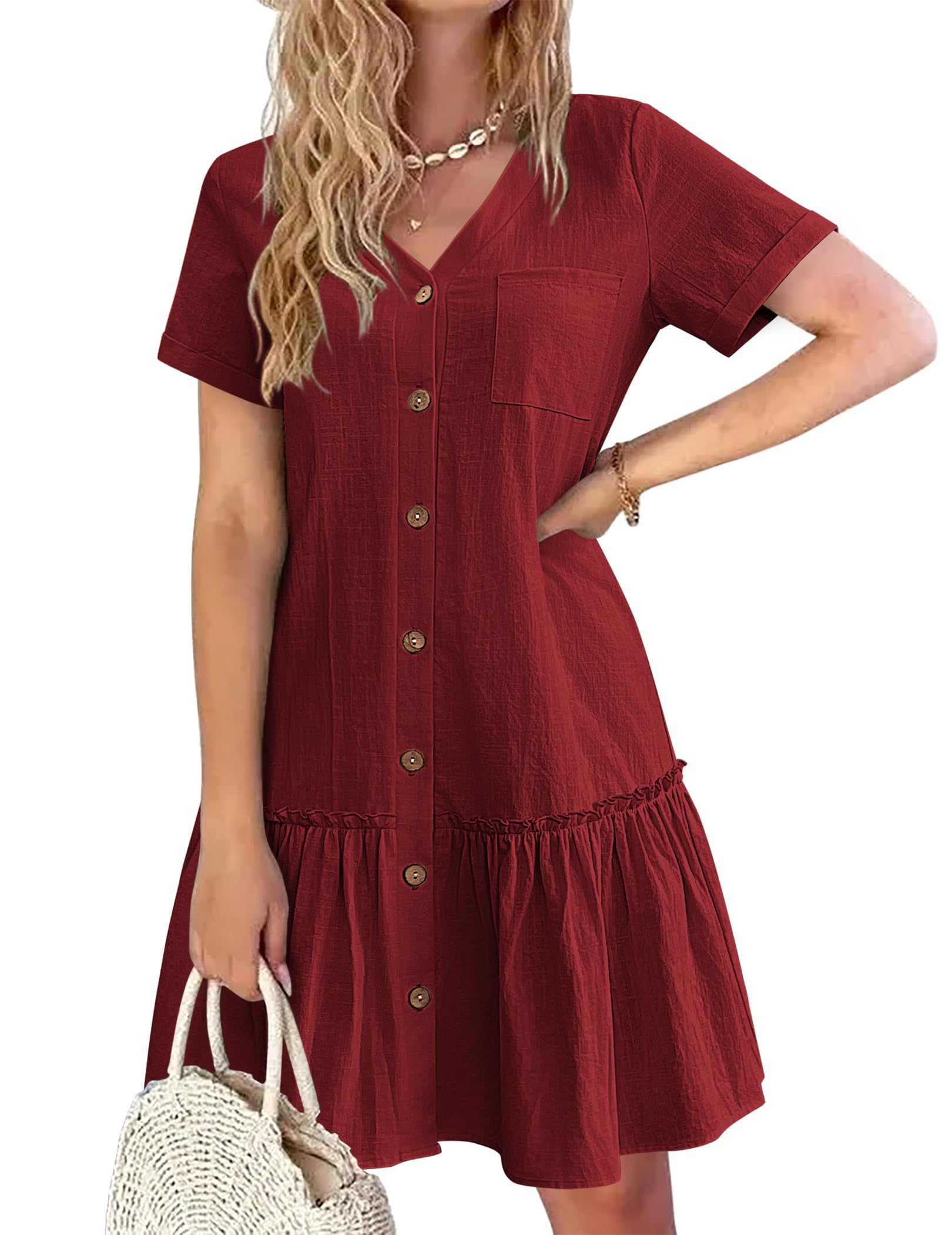 Trixie Vestaglia Donna – Scollo a V con Bottoni, Cotone Lino Taglio Ampio &amp; Orlo con Volant Estate