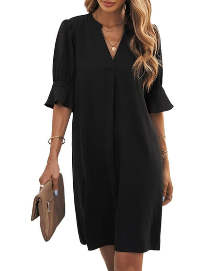 Bibiana Vestito Donna – Scollo a V Maniche Corte, Taglio Dritto Mini Fluido Tinta Unita Estate