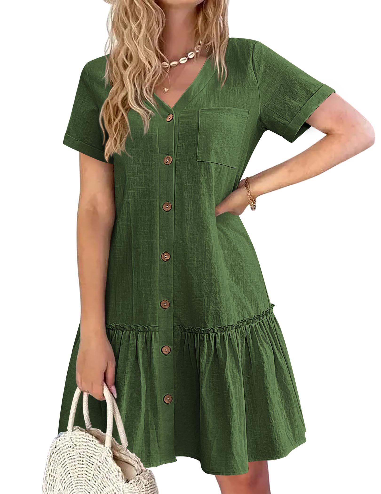 Trixie Vestaglia Donna – Scollo a V con Bottoni, Cotone Lino Taglio Ampio &amp; Orlo con Volant Estate