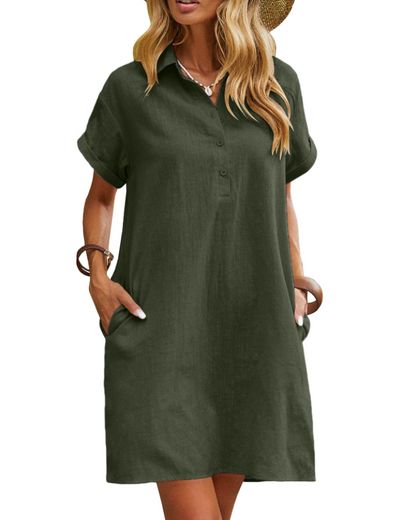 Vestito Raine da Donna – Abito in Lino e Cotone, Lunghezza Media, Scollo a V, Con Bottoni, Tasche, Casual Chic, Estate