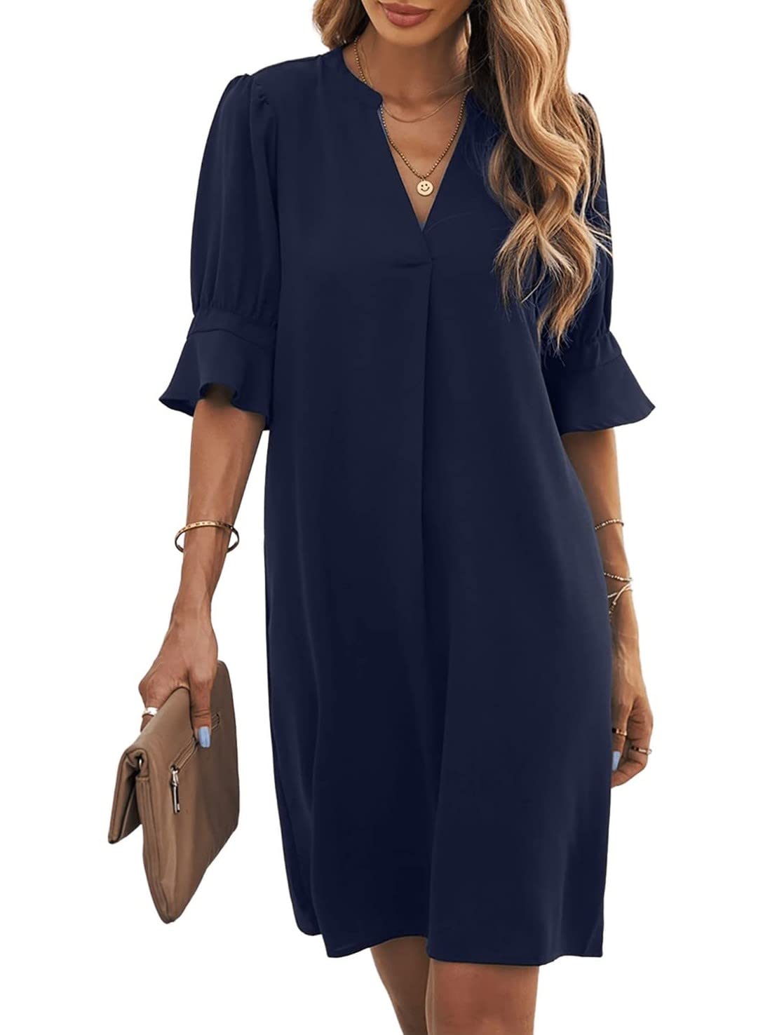 Bibiana Vestito Donna – Scollo a V Maniche Corte, Taglio Dritto Mini Fluido Tinta Unita Estate