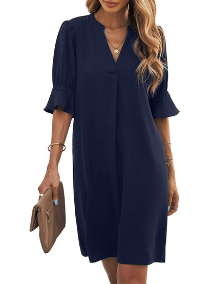 Bibiana Vestito Donna – Scollo a V Maniche Corte, Taglio Dritto Mini Fluido Tinta Unita Estate