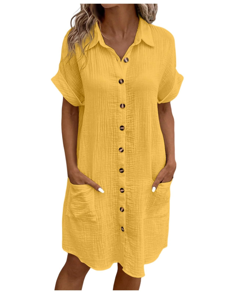 Yvette Abito Donna – Camicia Abito con Collo a V, Bottoni e Tasche, Taglio Fluido, Stile Boho Chic
