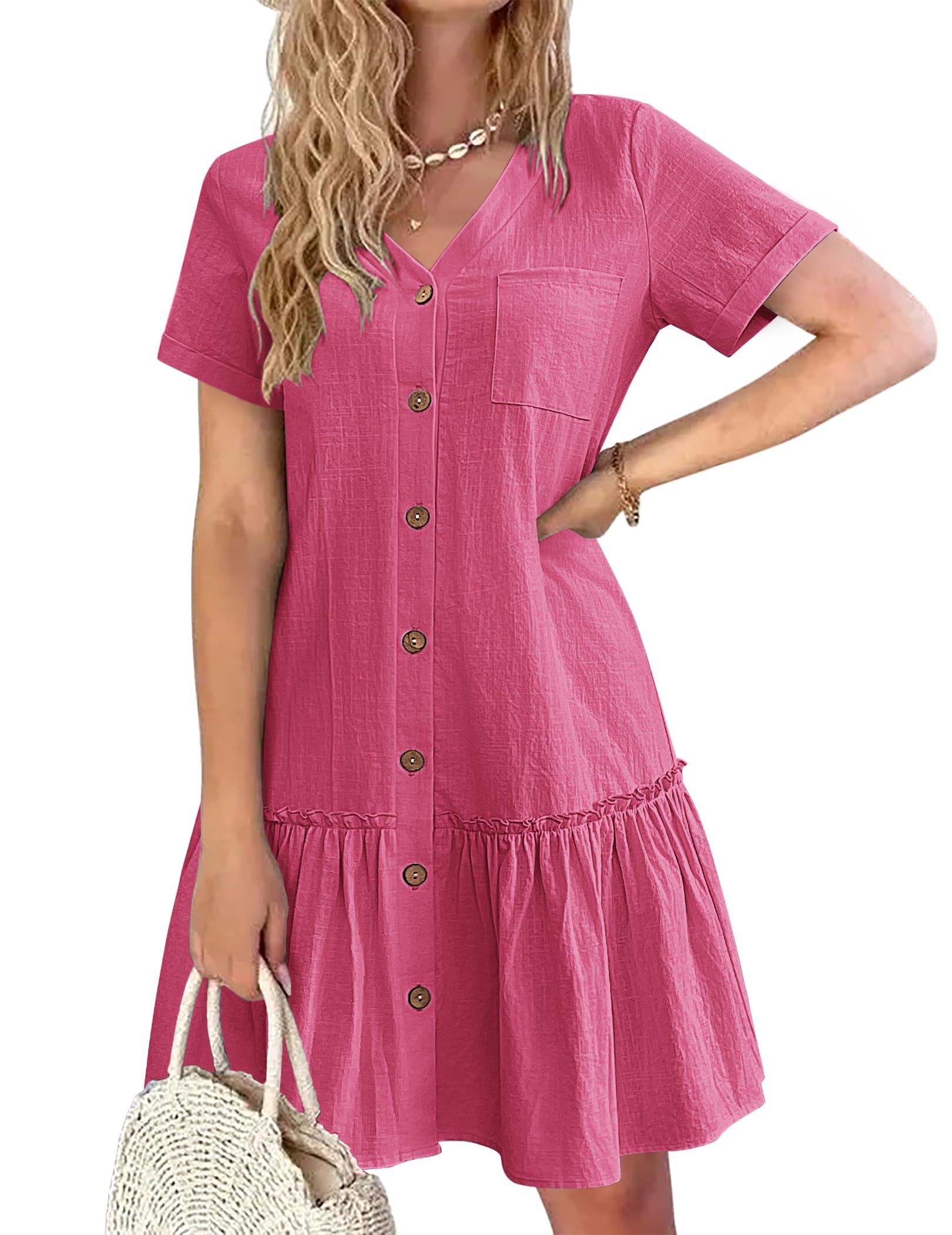 Trixie Vestaglia Donna – Scollo a V con Bottoni, Cotone Lino Taglio Ampio &amp; Orlo con Volant Estate