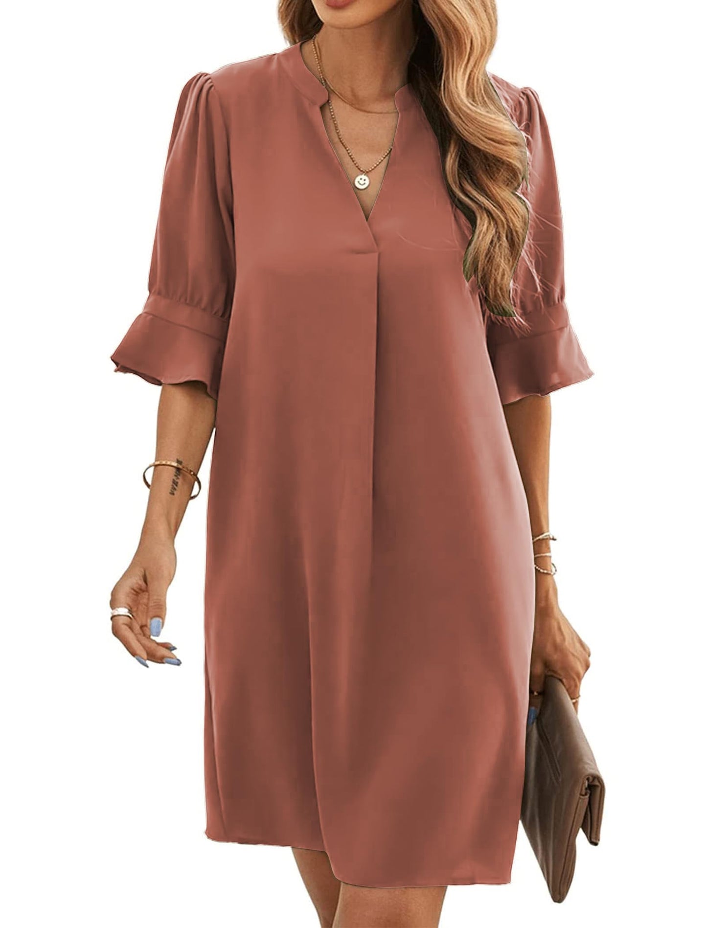 Bibiana Vestito Donna – Scollo a V Maniche Corte, Taglio Dritto Mini Fluido Tinta Unita Estate
