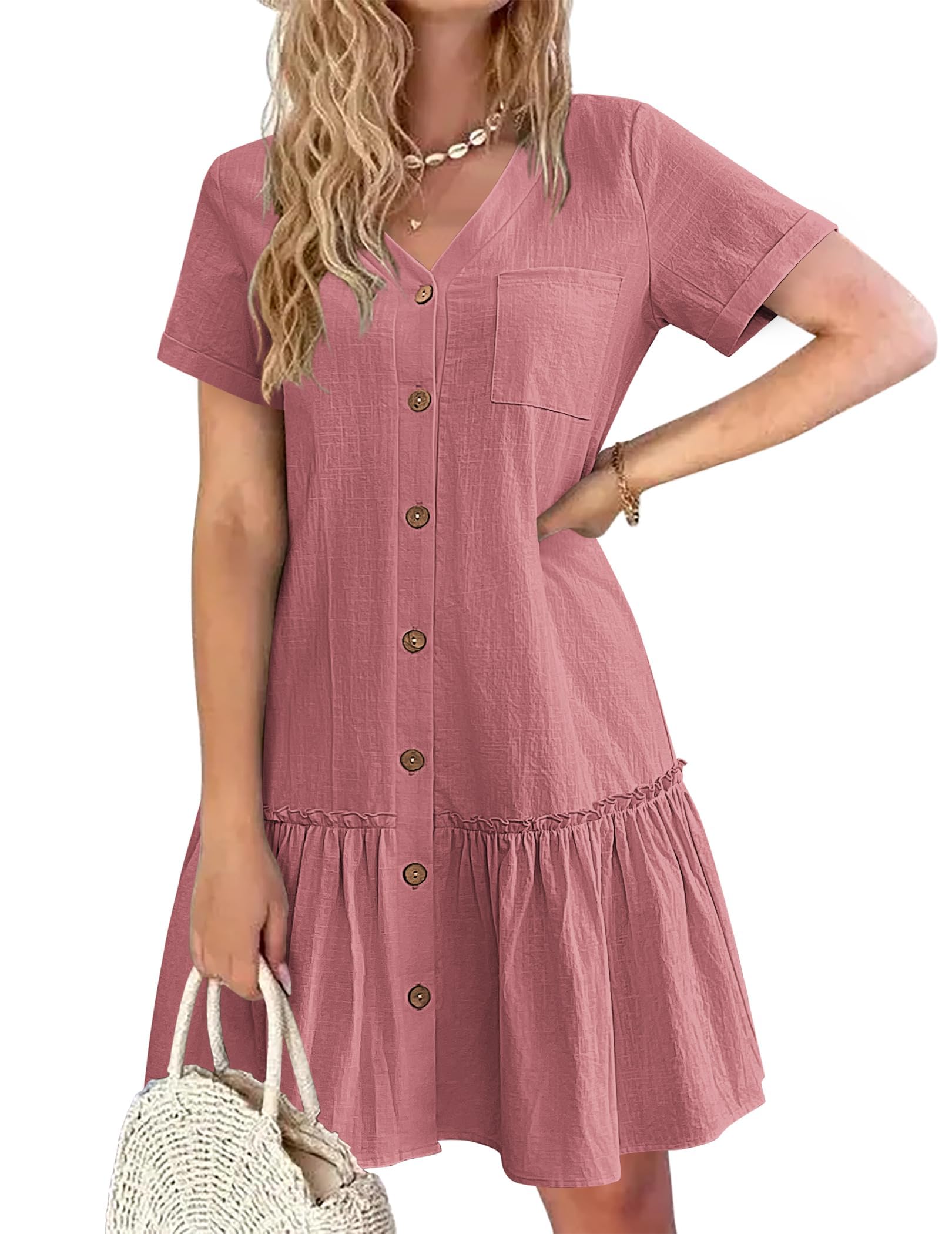 Trixie Vestaglia Donna – Scollo a V con Bottoni, Cotone Lino Taglio Ampio &amp; Orlo con Volant Estate