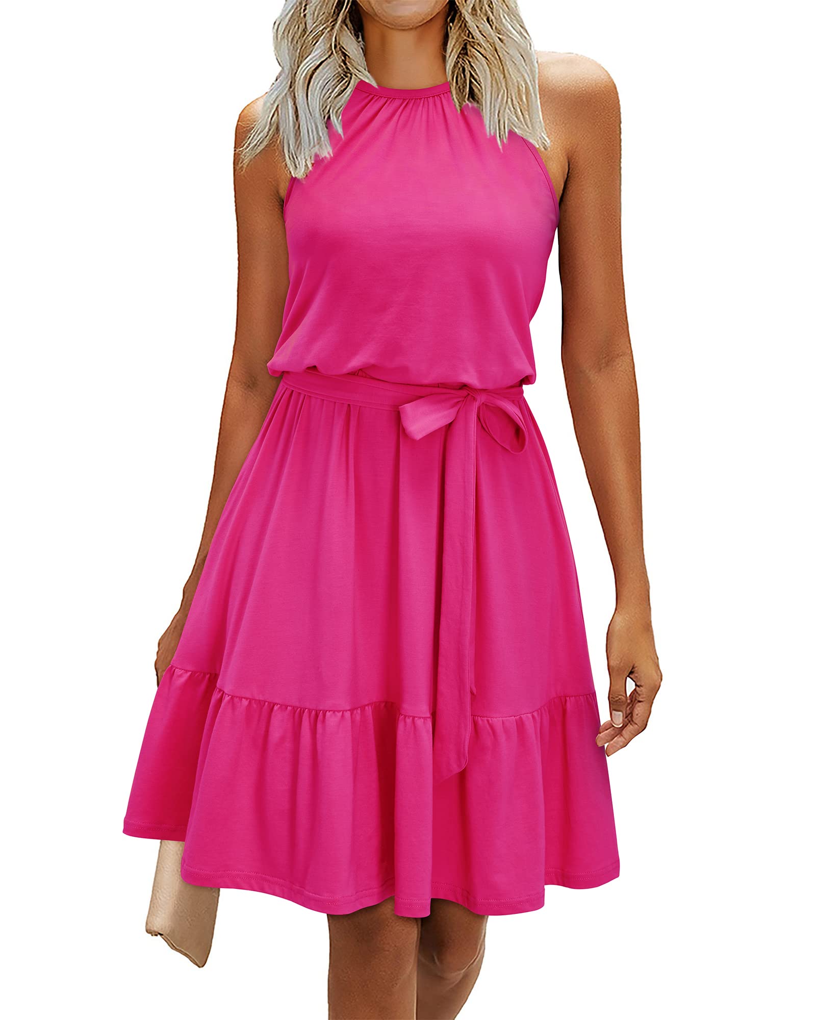Abito rosa da donna – Collo halter senza maniche, taglio a linea A midi e cintura con tasche