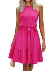 Abito rosa da donna – Collo halter senza maniche, taglio a linea A midi e cintura con tasche