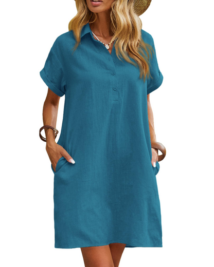 Vestito Raine da Donna – Abito in Lino e Cotone, Lunghezza Media, Scollo a V, Con Bottoni, Tasche, Casual Chic, Estate