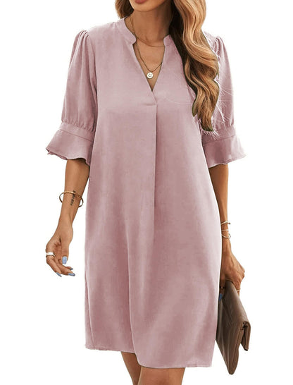 Bibiana Vestito Donna – Scollo a V Maniche Corte, Taglio Dritto Mini Fluido Tinta Unita Estate