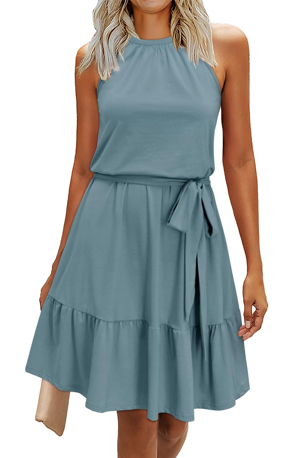 Abito rosa da donna – Collo halter senza maniche, taglio a linea A midi e cintura con tasche
