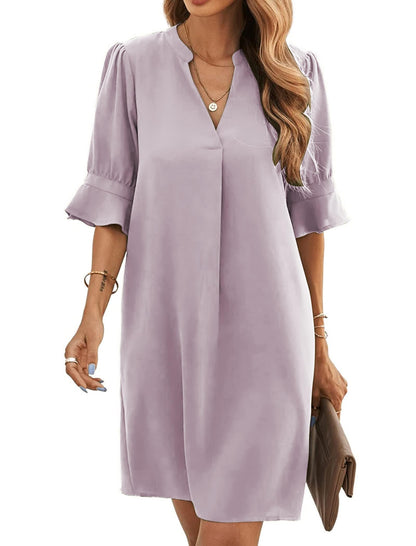 Bibiana Vestito Donna – Scollo a V Maniche Corte, Taglio Dritto Mini Fluido Tinta Unita Estate