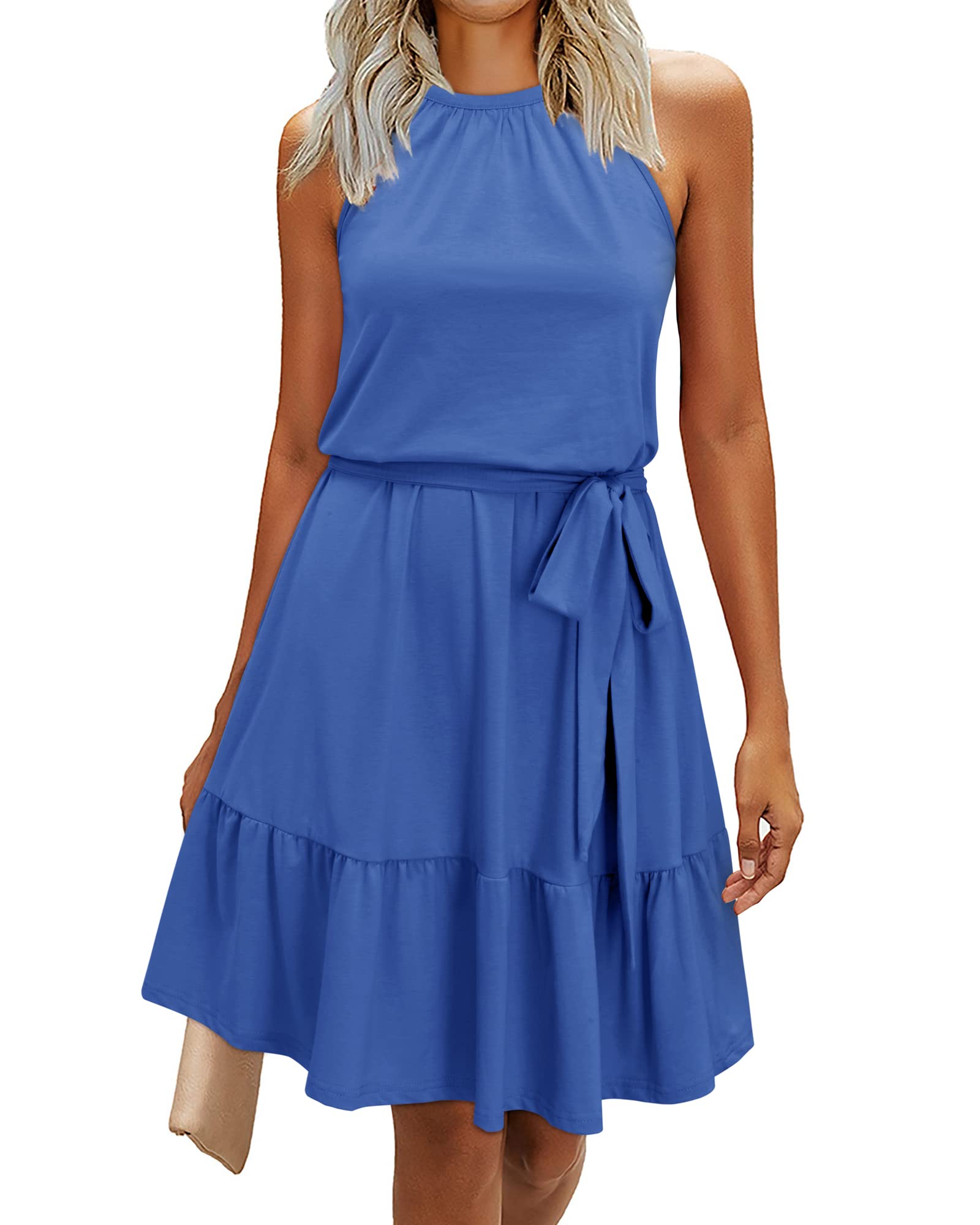 Abito rosa da donna – Collo halter senza maniche, taglio a linea A midi e cintura con tasche