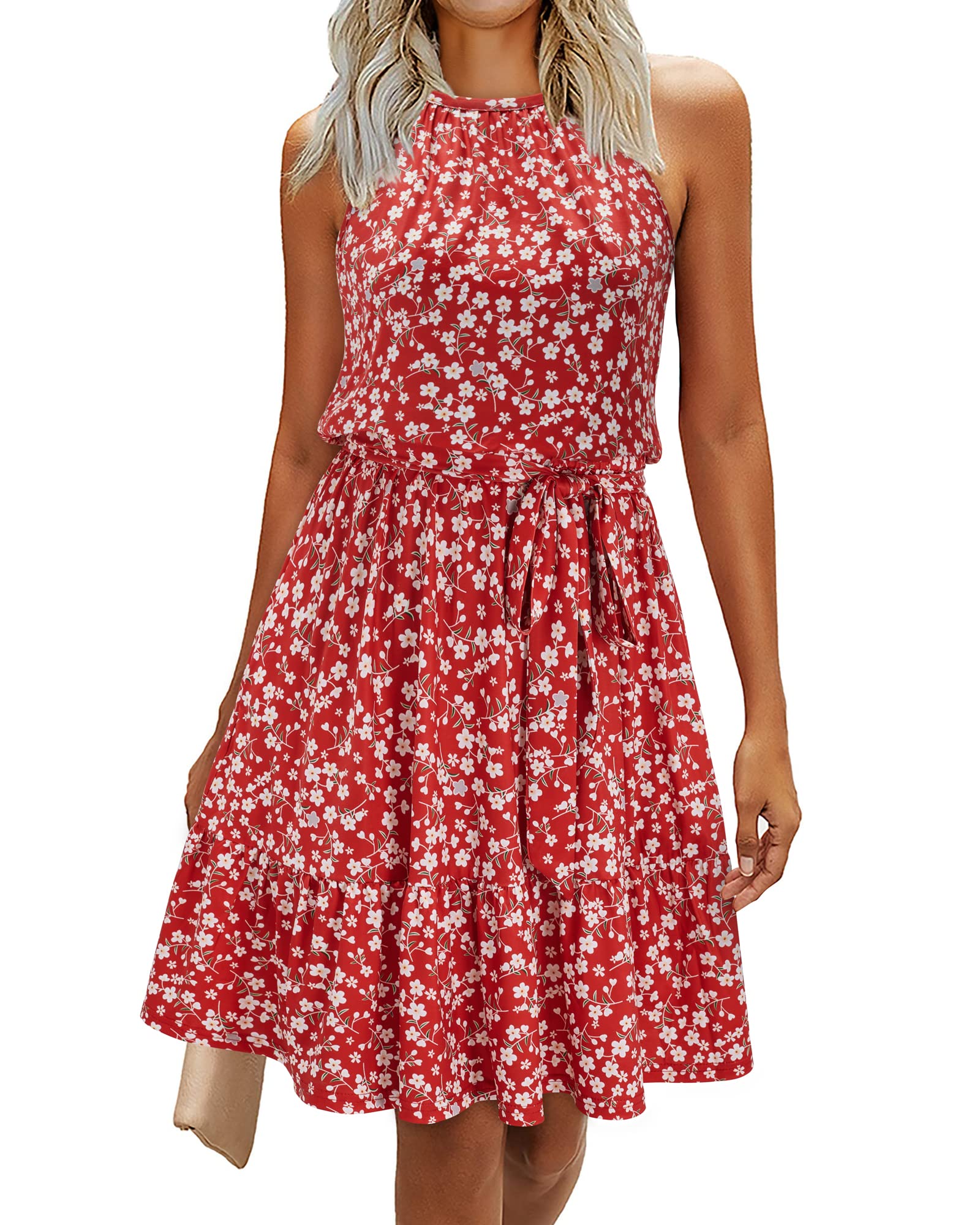 Abito rosa da donna – Collo halter senza maniche, taglio a linea A midi e cintura con tasche