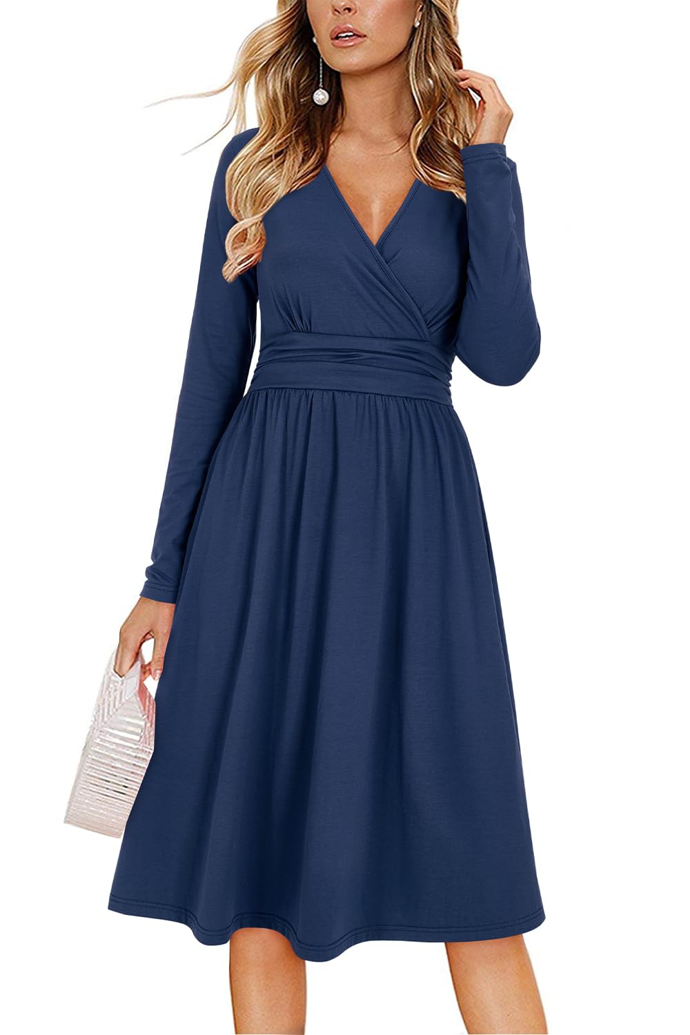 Vestito Donna Regina – Scollo a V Tinta Unita, Maniche Lunghe e Taglio A-Line Midi con Tasche