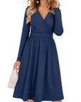 Vestito Donna Regina – Scollo a V Tinta Unita, Maniche Lunghe e Taglio A-Line Midi con Tasche