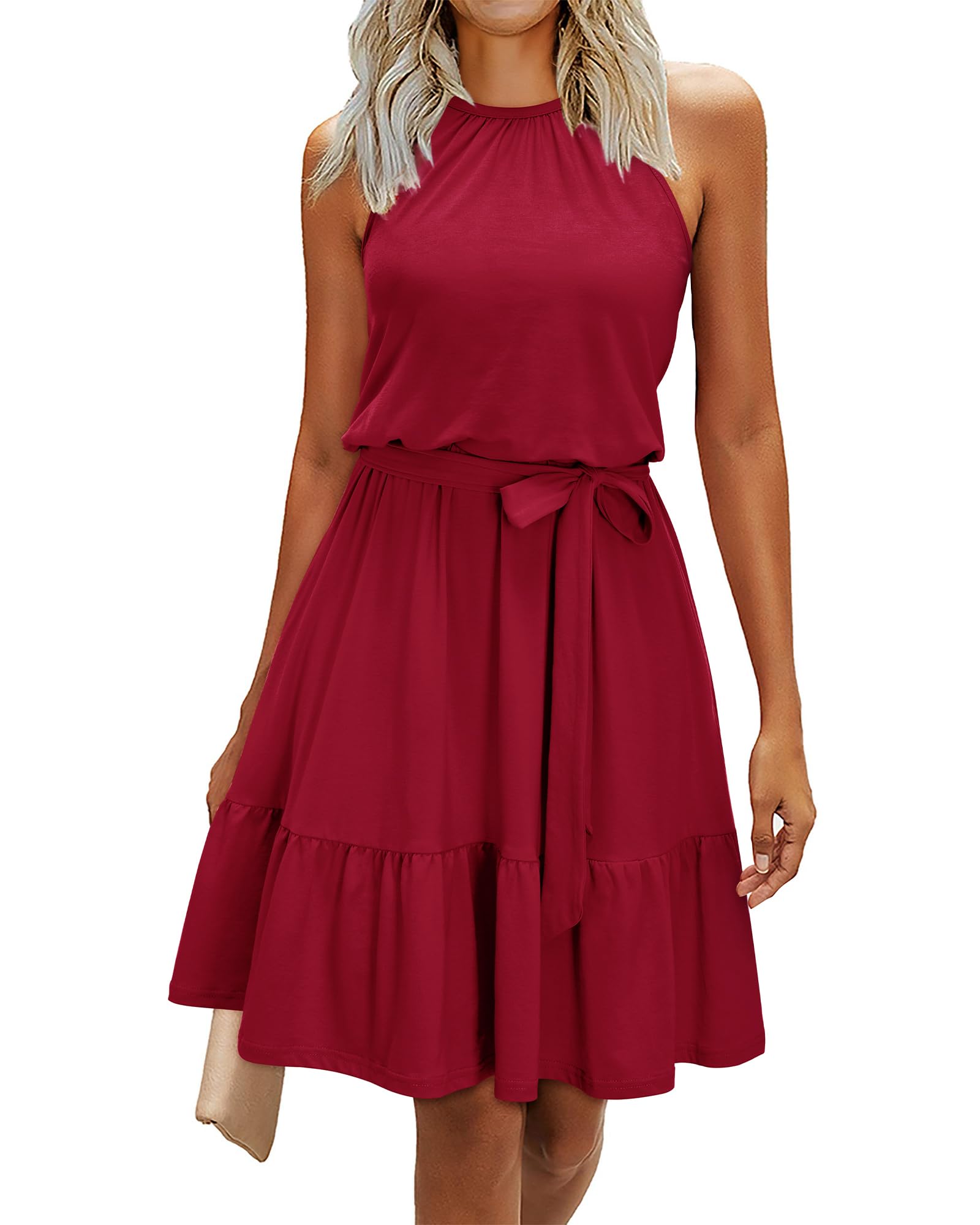 Abito rosa da donna – Collo halter senza maniche, taglio a linea A midi e cintura con tasche