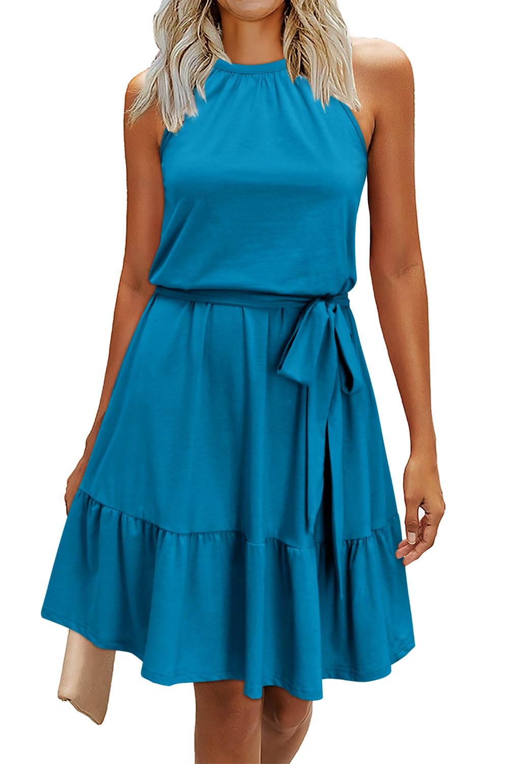 Abito rosa da donna – Collo halter senza maniche, taglio a linea A midi e cintura con tasche