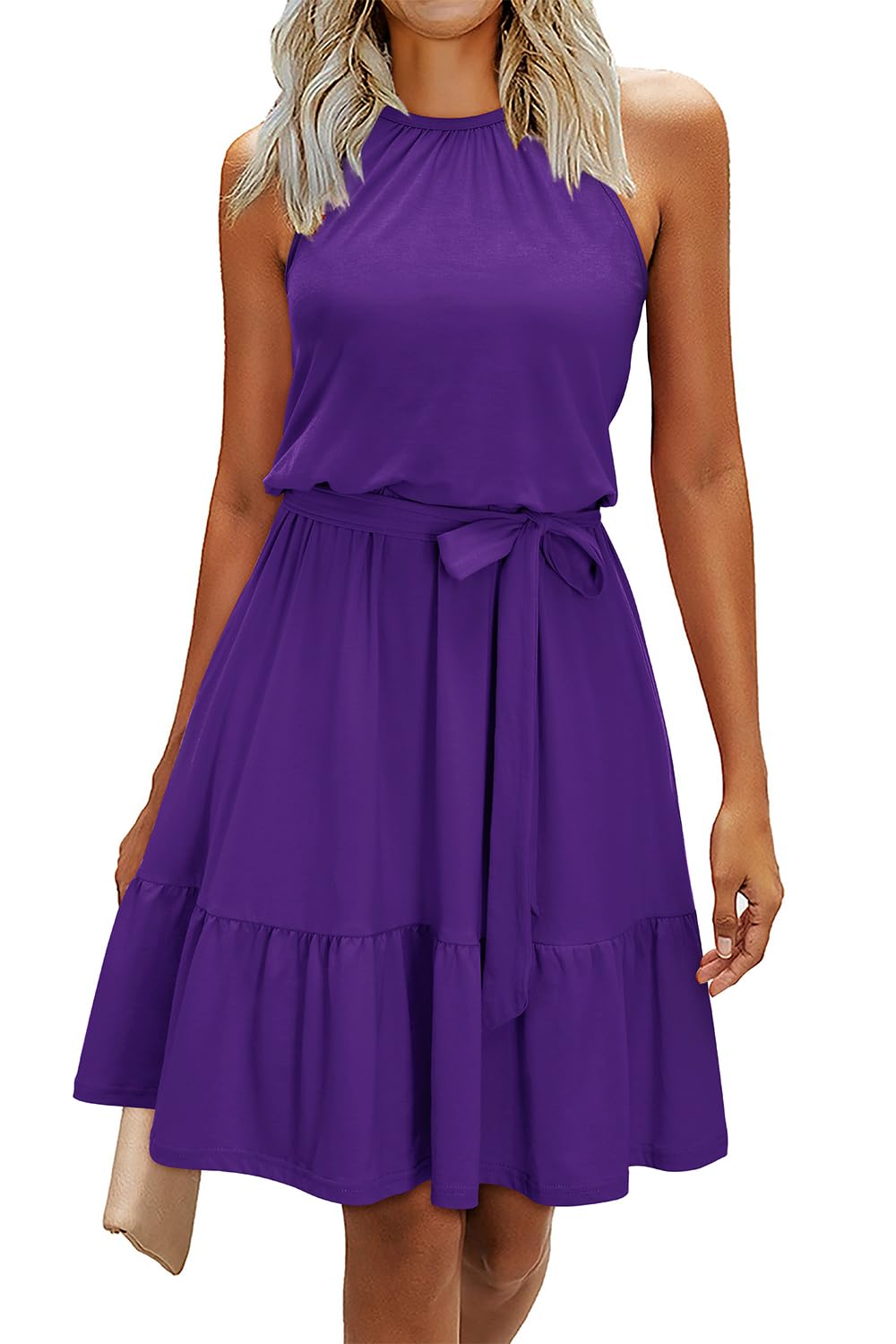 Abito rosa da donna – Collo halter senza maniche, taglio a linea A midi e cintura con tasche