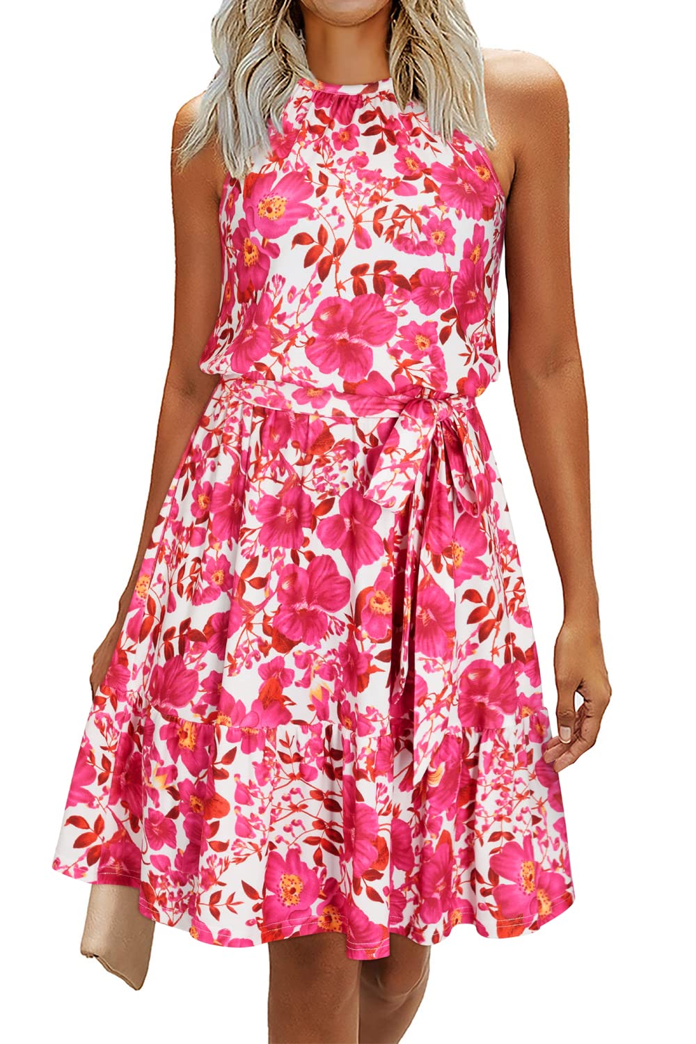 Abito rosa da donna – Collo halter senza maniche, taglio a linea A midi e cintura con tasche