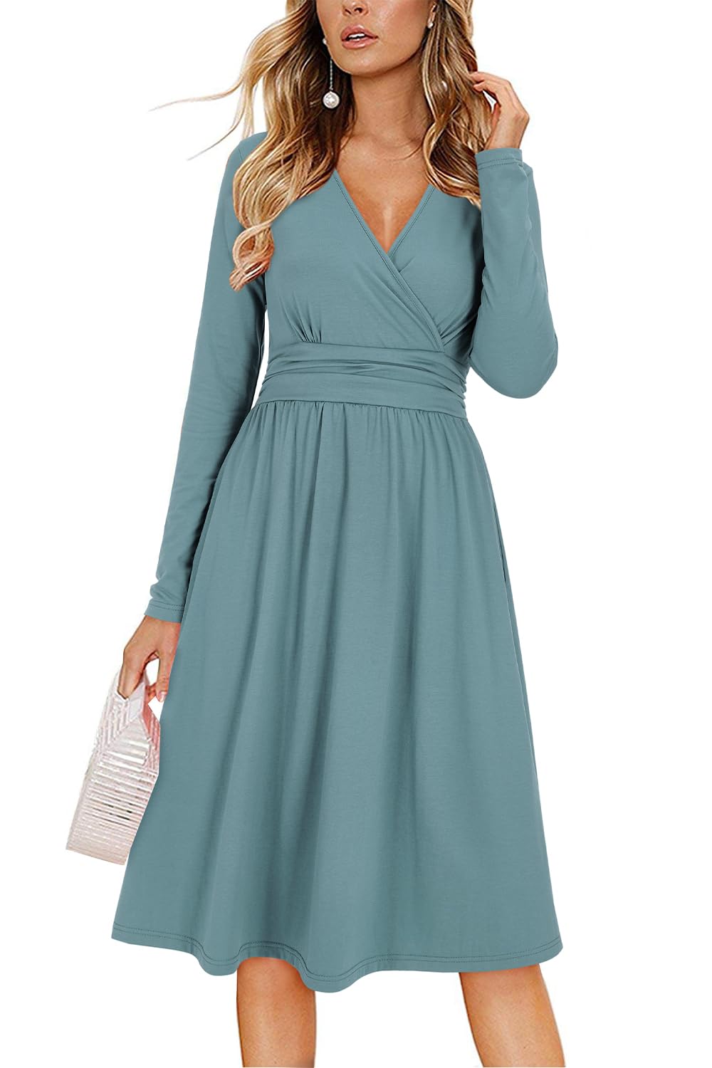 Vestito Donna Regina – Scollo a V Tinta Unita, Maniche Lunghe e Taglio A-Line Midi con Tasche