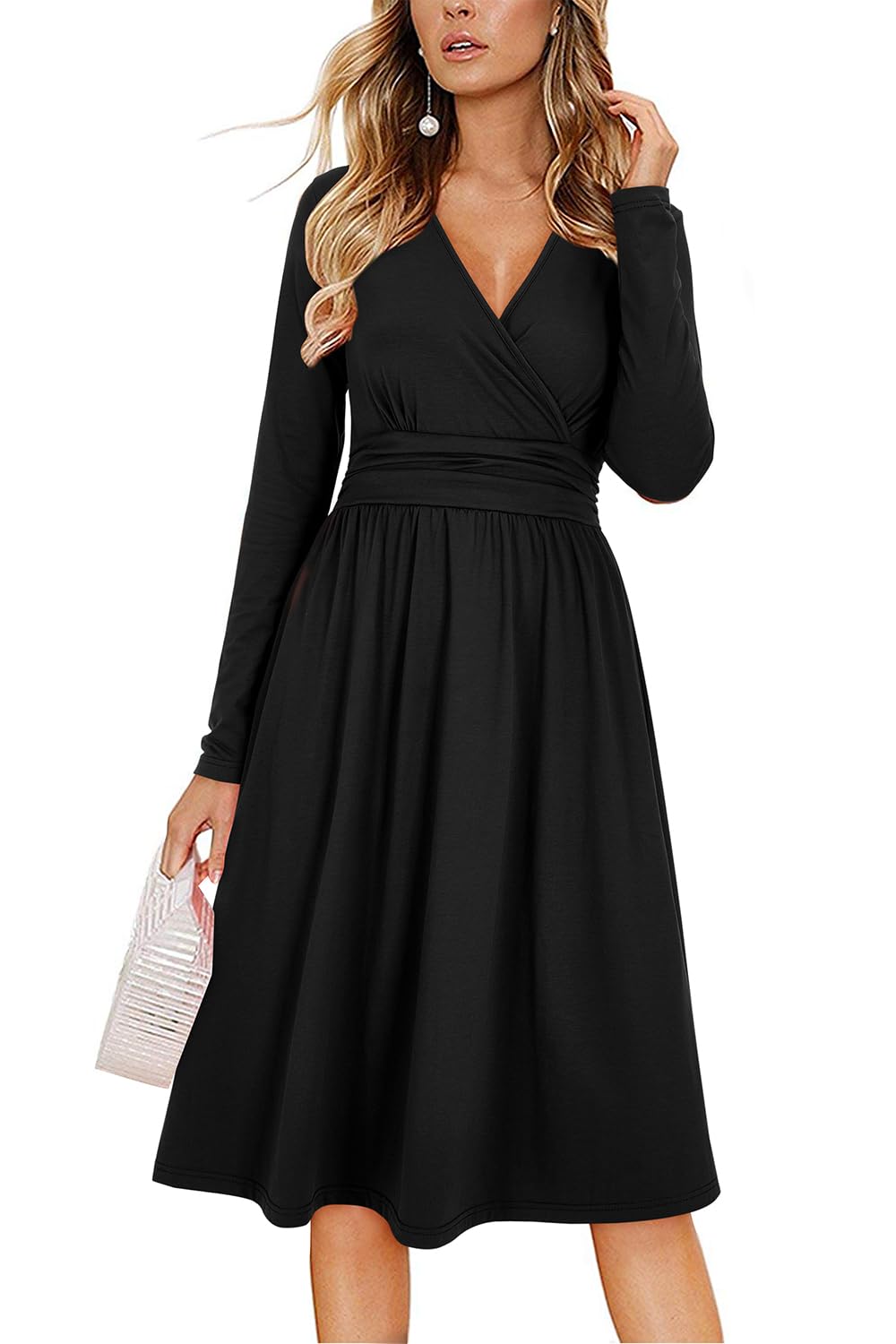 Vestito Donna Regina – Scollo a V Tinta Unita, Maniche Lunghe e Taglio A-Line Midi con Tasche