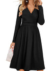 Vestito Donna Regina – Scollo a V Tinta Unita, Maniche Lunghe e Taglio A-Line Midi con Tasche
