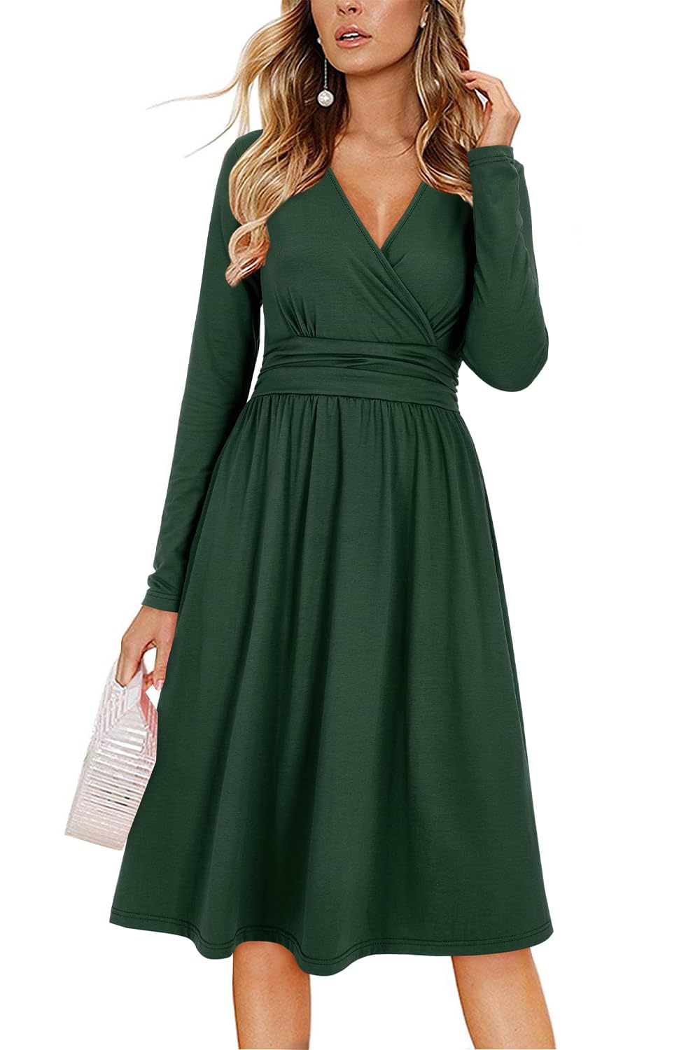 Vestito Donna Regina – Scollo a V Tinta Unita, Maniche Lunghe e Taglio A-Line Midi con Tasche