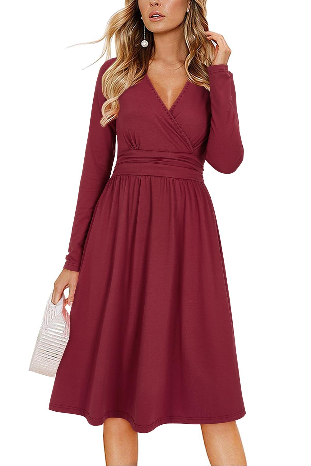 Vestito Donna Regina – Scollo a V Tinta Unita, Maniche Lunghe e Taglio A-Line Midi con Tasche