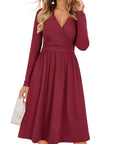 Vestito Donna Regina – Scollo a V Tinta Unita, Maniche Lunghe e Taglio A-Line Midi con Tasche