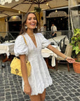 Vestito Mini Ricamato Bianco in Cotone da Donna – Maniche a Sbuffo Taglio Svasato