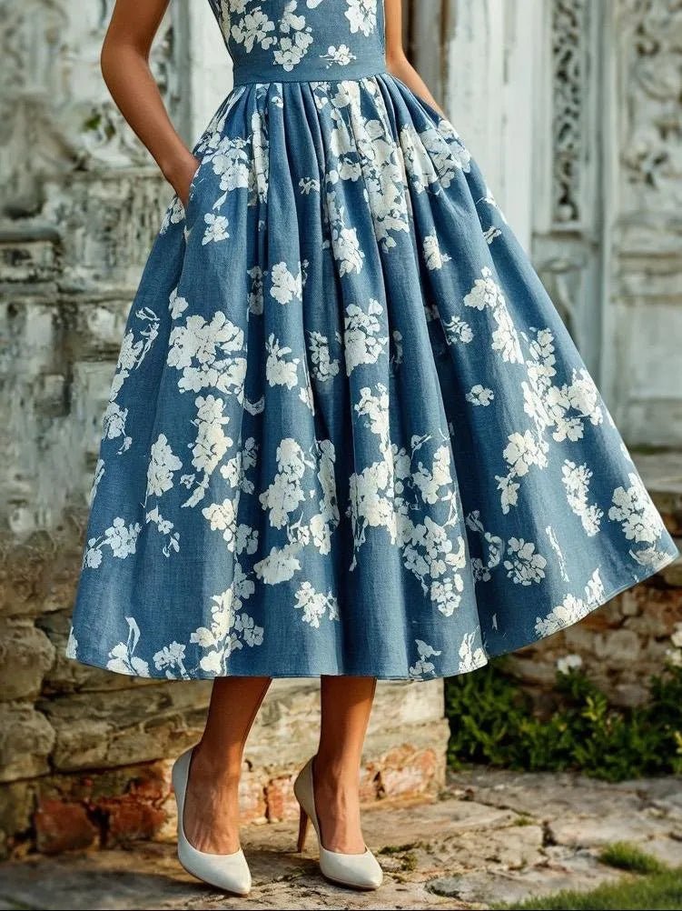 Scarlett | Abito midi a linea ad A senza maniche con stampa floreale da donna
