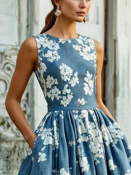 Scarlett | Abito midi a linea ad A senza maniche con stampa floreale da donna