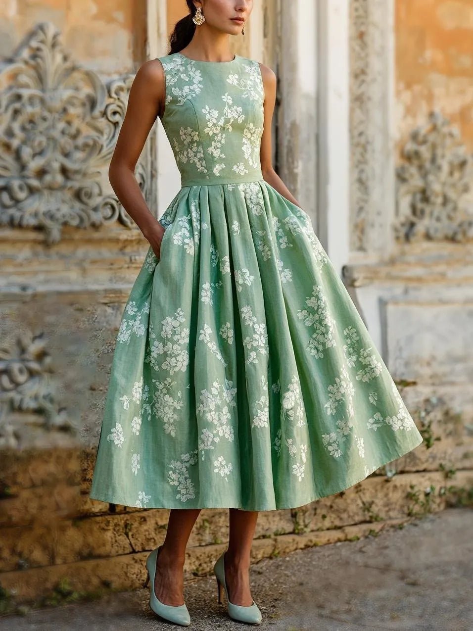 Scarlett | Abito midi a linea ad A senza maniche con stampa floreale da donna